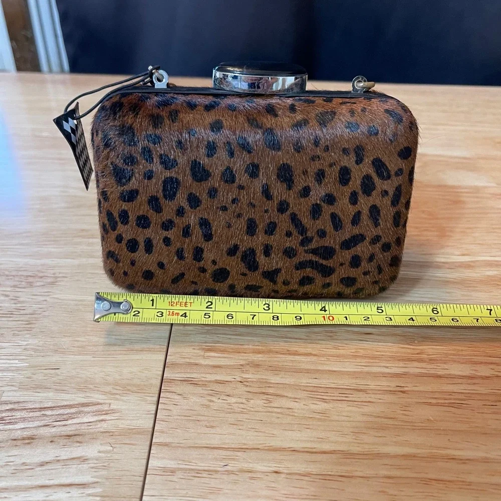 NEW Leopard Print‎ Calf Hair Box Clutch Chain Strap Brown Black Evening Bag